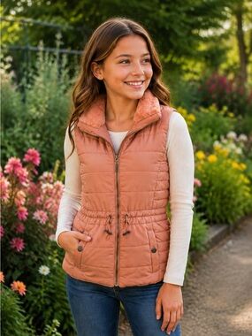 Copper Key Quilted Sherpa-Lined Vest in Coral